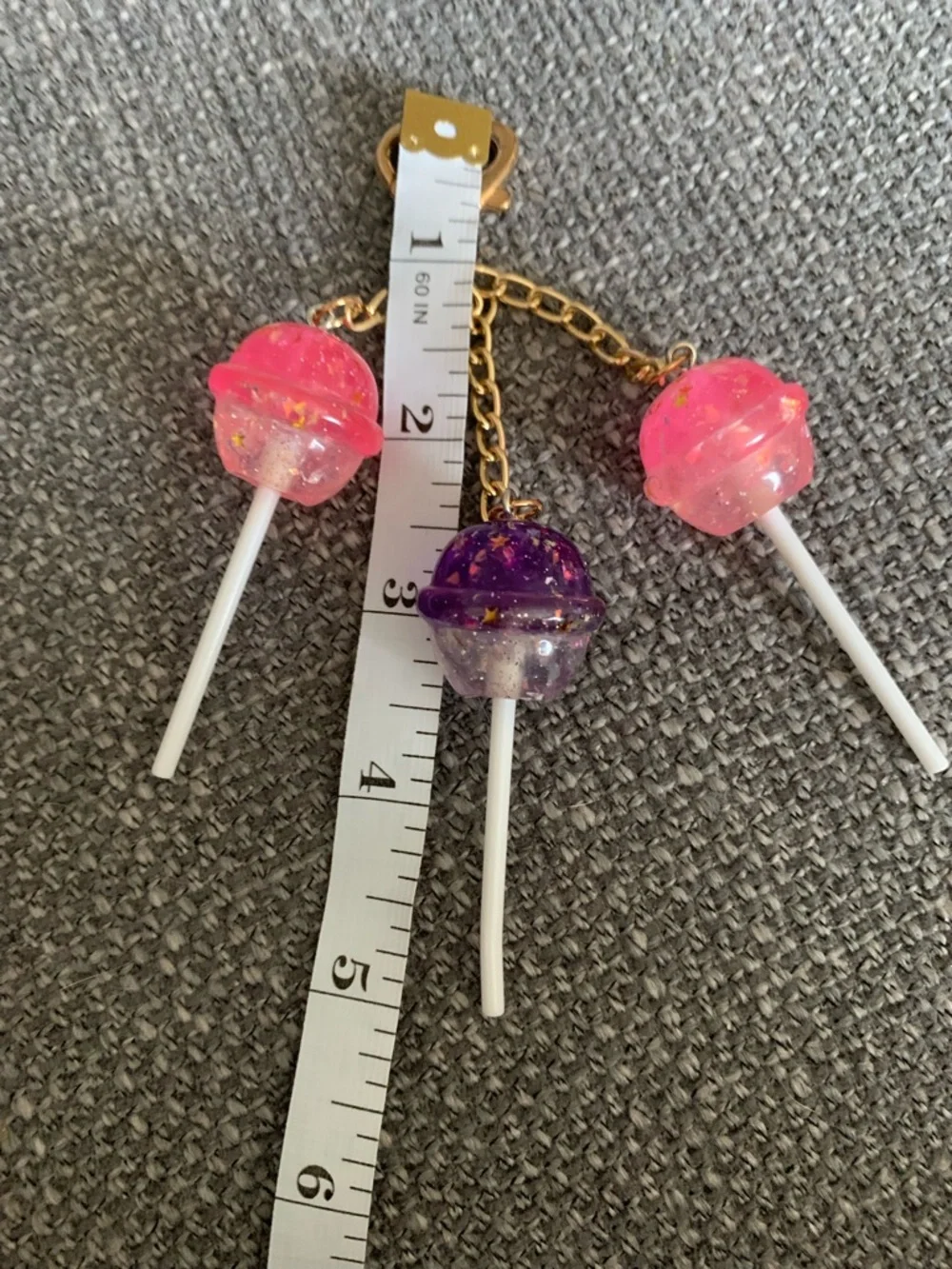 Kids Heart Clip Keychain with Pink and Purple Lollipop Charms
